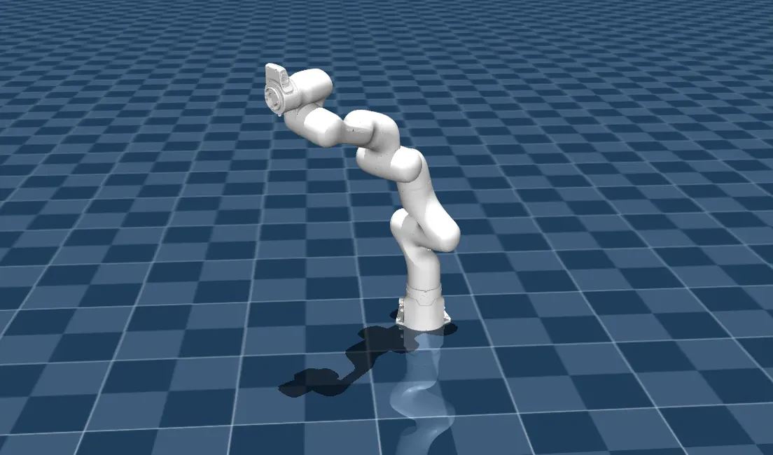 Franka Research 3 robot arm, bent in a posed configuration, standing on a checkered floor in the MuJoCo simulator