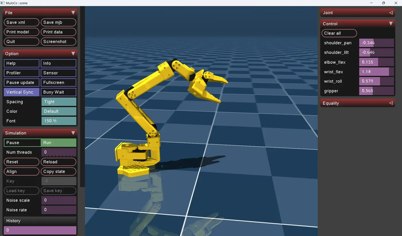 SO-101 robot arm in the MuJoCo simulator with its joint control panel