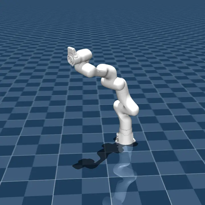 Franka Research 3 robot arm in a posed configuration in the MuJoCo simulator